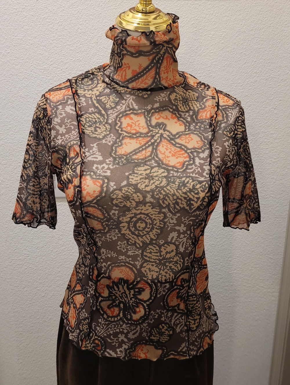 HIROKO BIS Hiroko Koshino Mesh Mock Neck Top Floral Print Japan Designer 9 Small - Picture 2 of 3